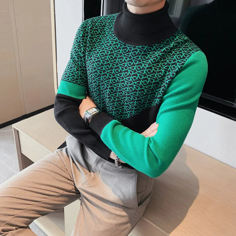 Green Black Geometric Turtleneck Sweater