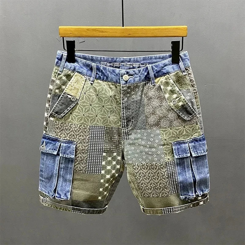 Printed Patchwork Design Denim Shorts