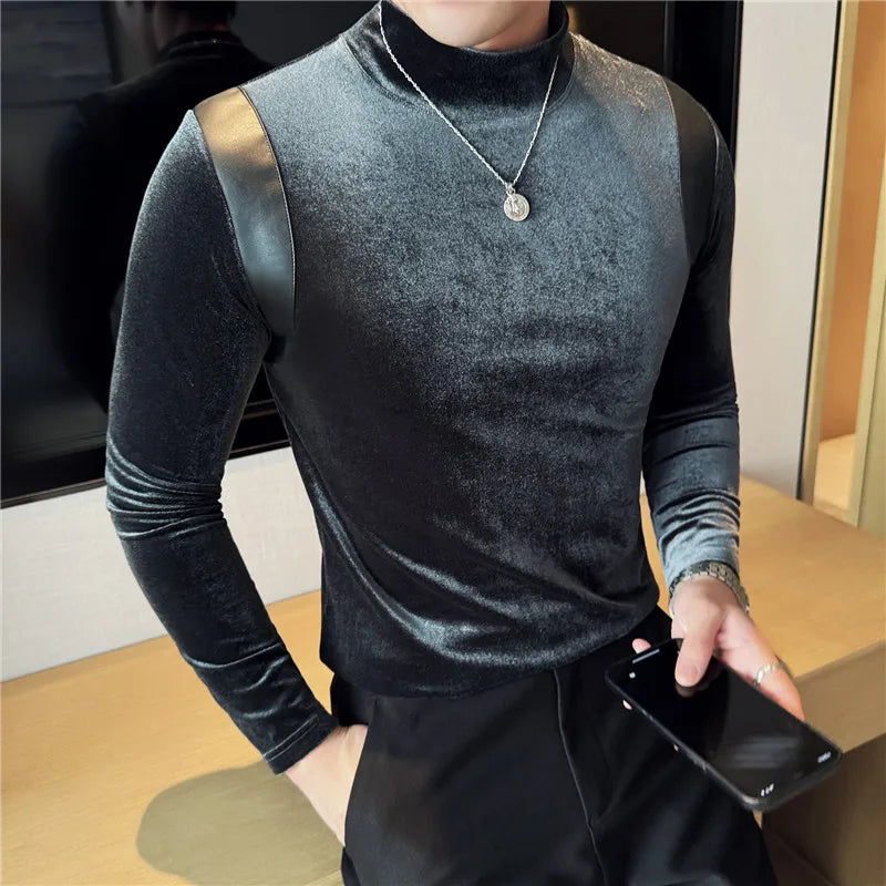 Solid Velvet Leather Splicing T-Shirt