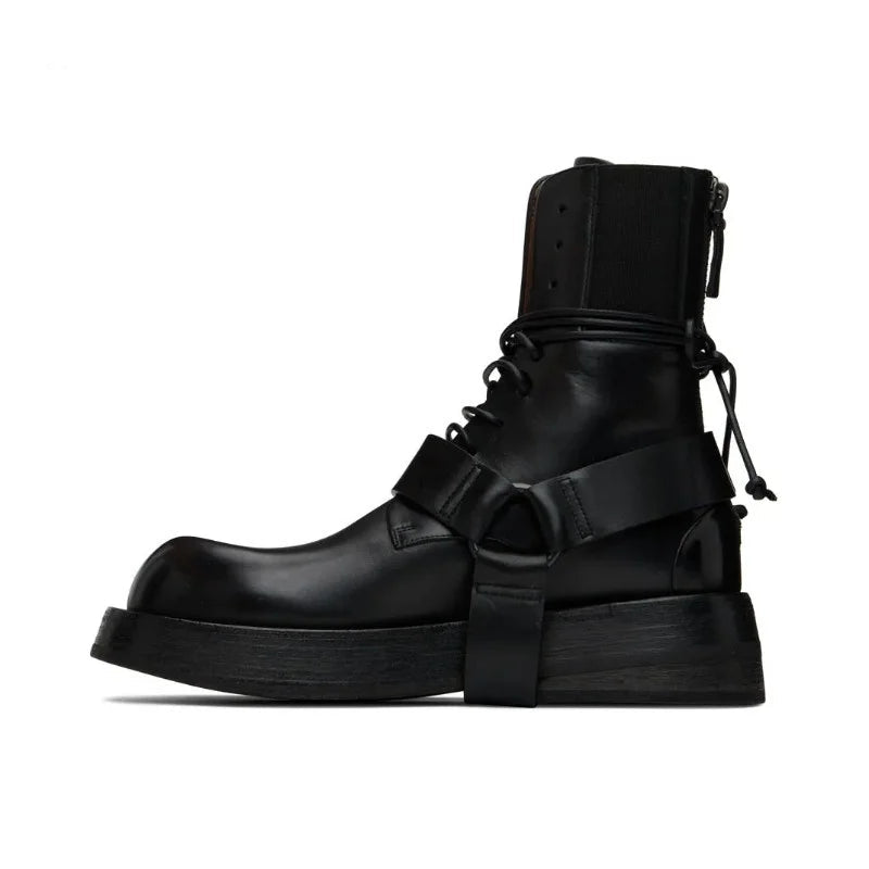 Black Leather Strap Buckle Lace-Up Boots