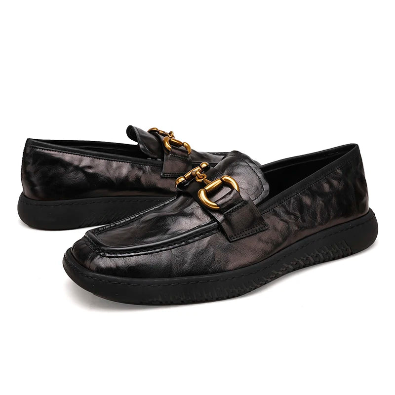 Genuine Leather Metal Buckle Loafers