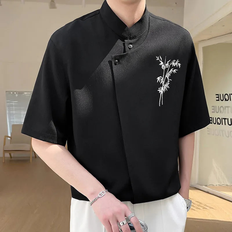 Solid Chest Embroidery Stand Collar Shirt