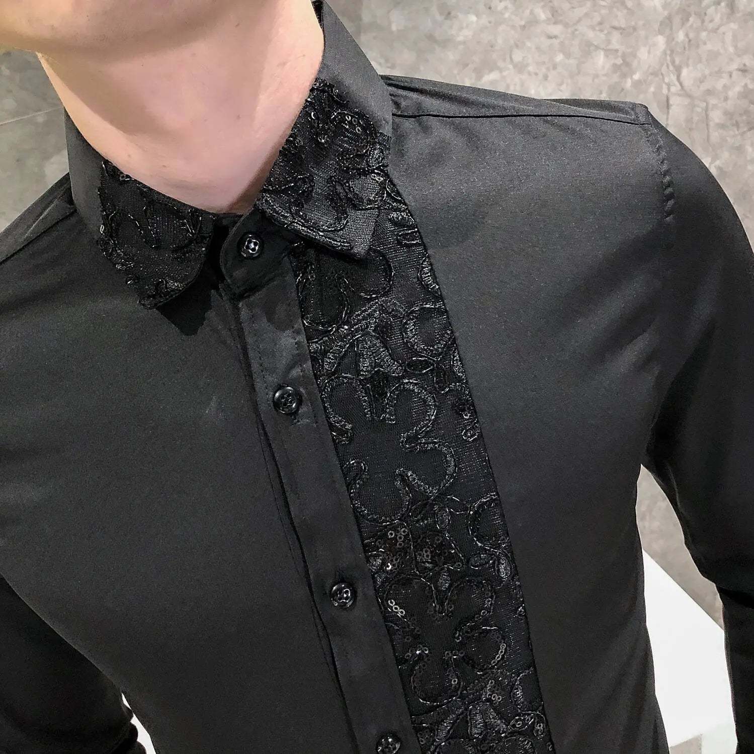 Solid Lace Sequin Slim Fit Shirt