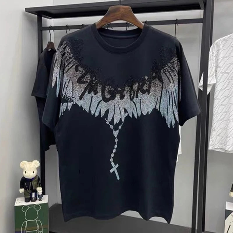 Wings Rhinestone O-neck Casual T-Shirt