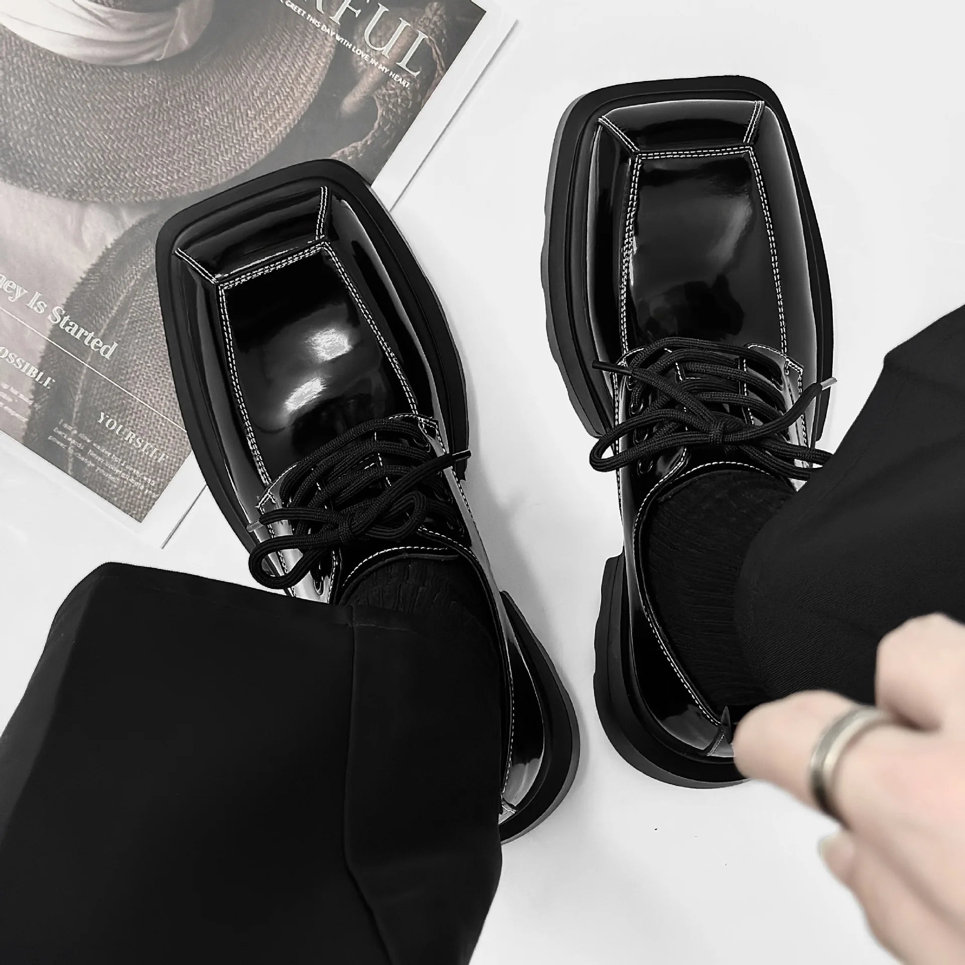 Black Glossy Square Toe Men's Shoes