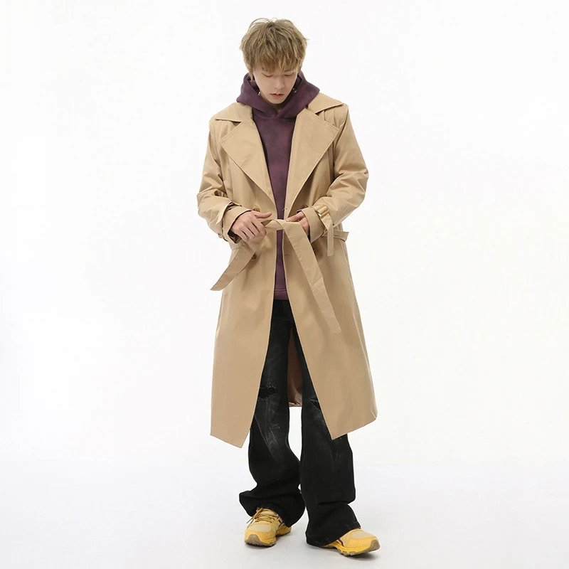 Belt Double-Breasted Solid Lapel Coat