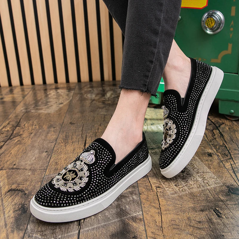 Embroidery With Rhinestone Spikes Loafers