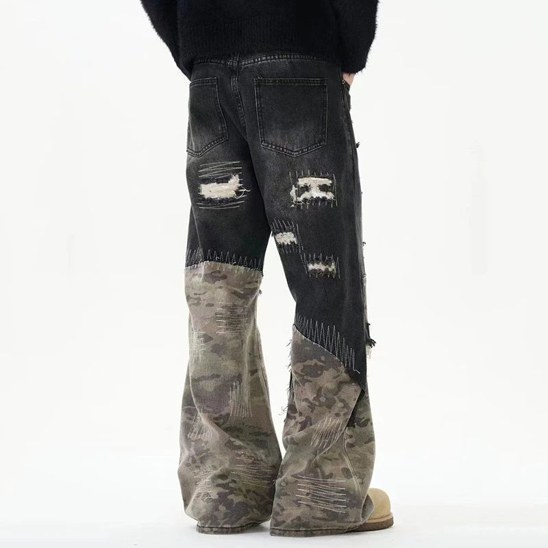 Patchwork Camouflage Worn-Out Straight Jeans