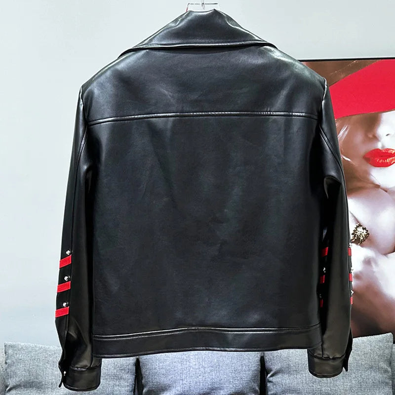 Motorcycle PU Leather Contrast Stripe Jacket