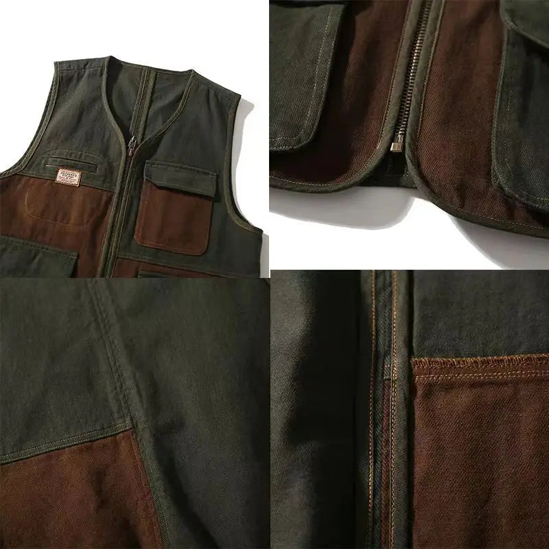 Multi-Pockets Patchwork Zipper Vest