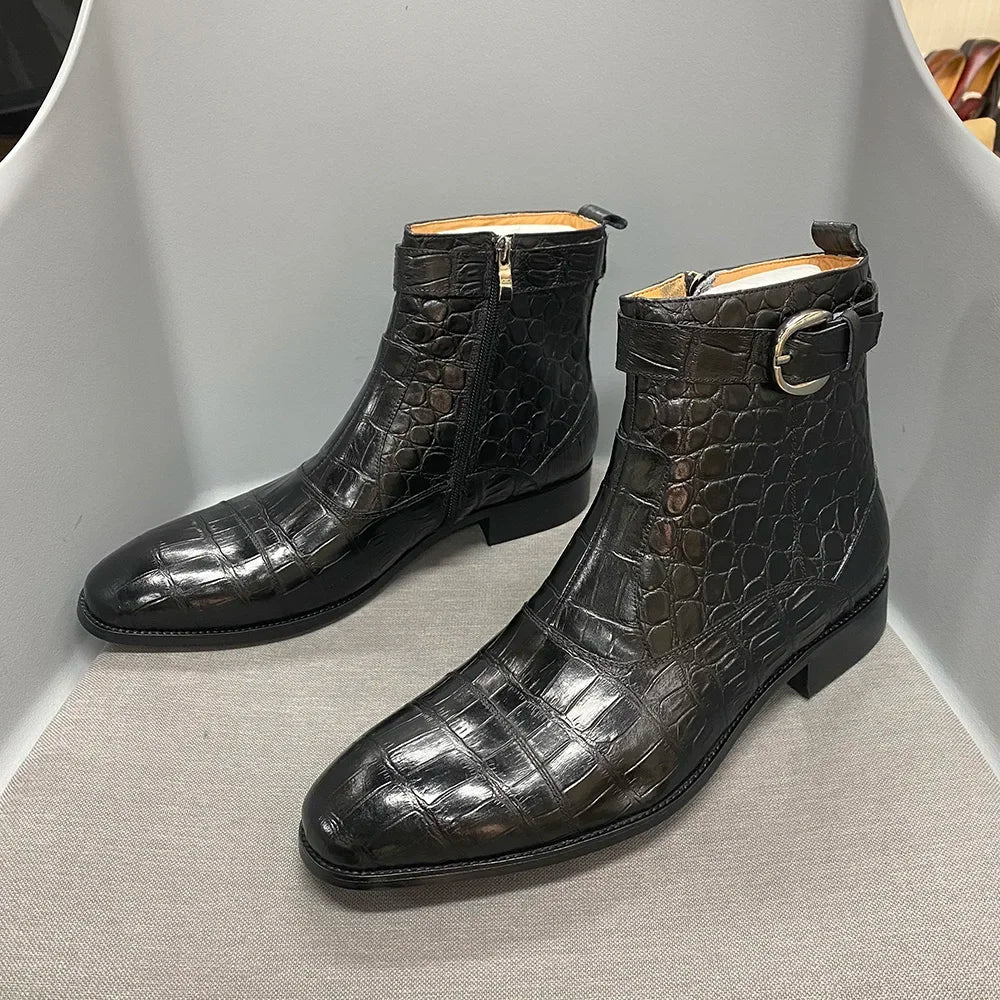 Leather Crocodile Print Ankle Boots