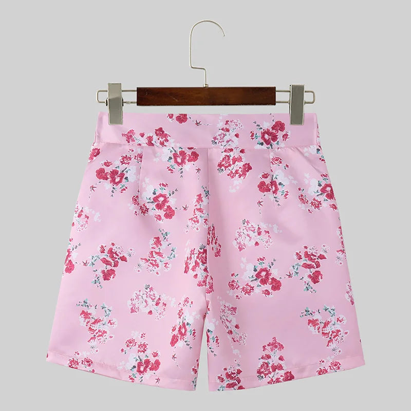 Pink Color Floral Printing Lace Up Shorts