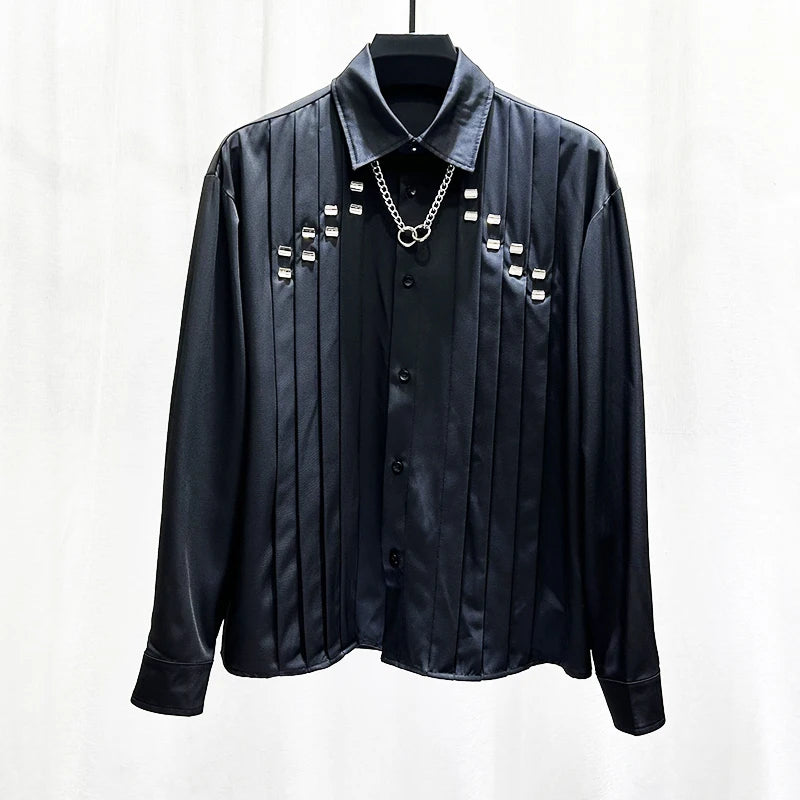 Niche Metal Design Pleated Striped Shirt