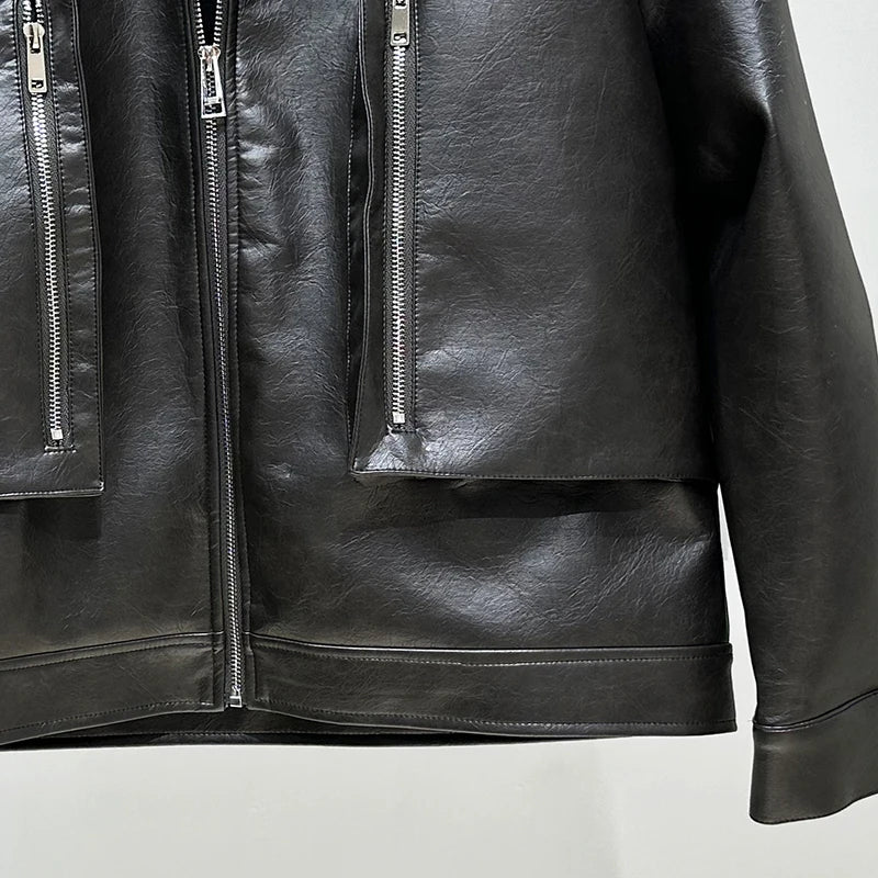 Double Large Pocket Leather Jacket