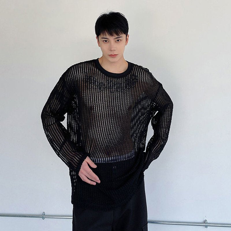 Mesh Round Neck Long Sleeve T-Shirt