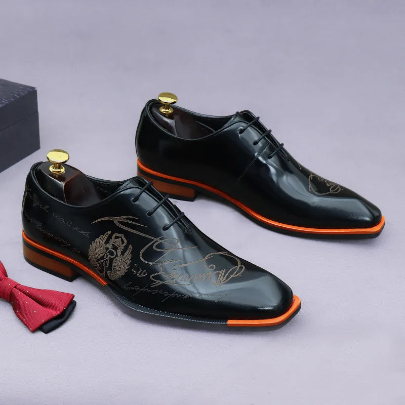 Handmade Engraving Black Genuine Leather Shoes