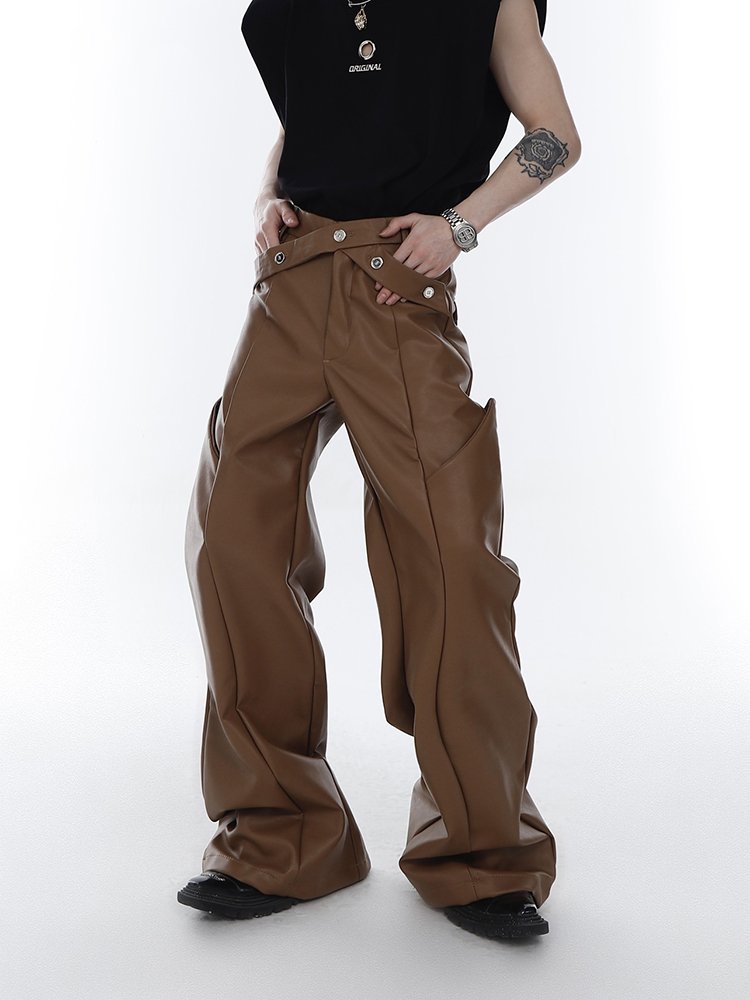 Loose Casual Brown Black Pu Leather Pants