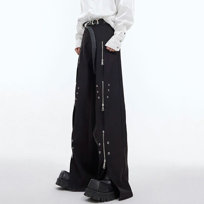 Multi-Zipper Metal Decoration Solid Pants