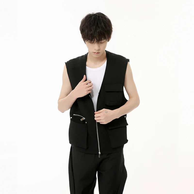 Black Multi-Pockets Zipper Vest