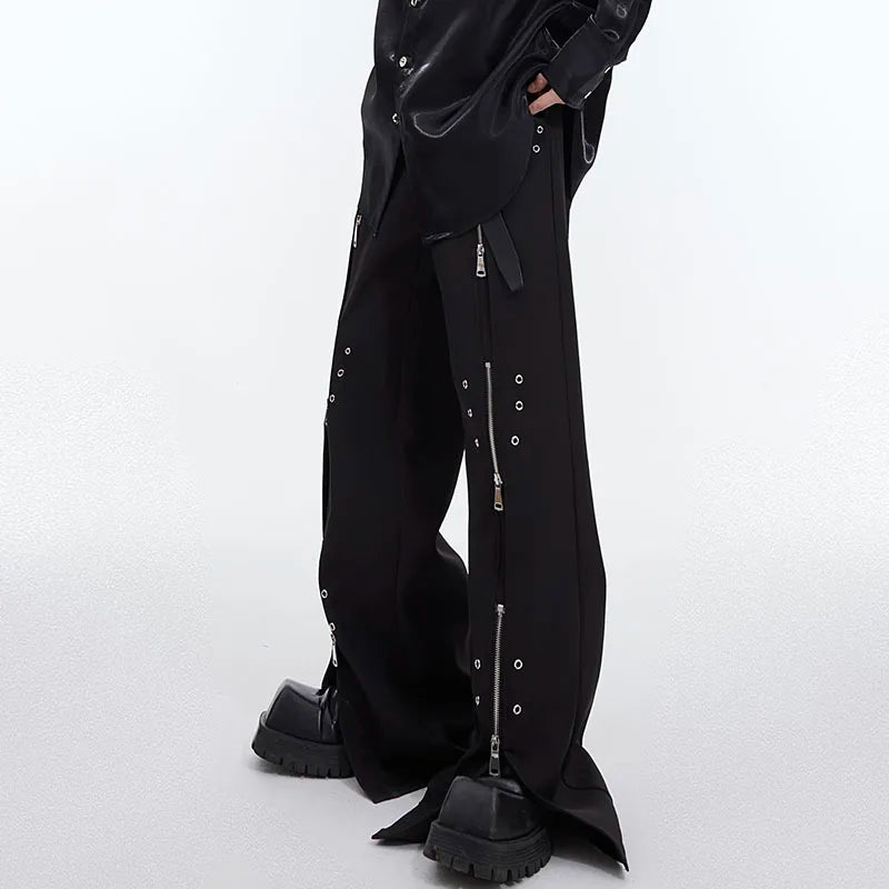 Multi-Zipper Metal Decoration Solid Pants