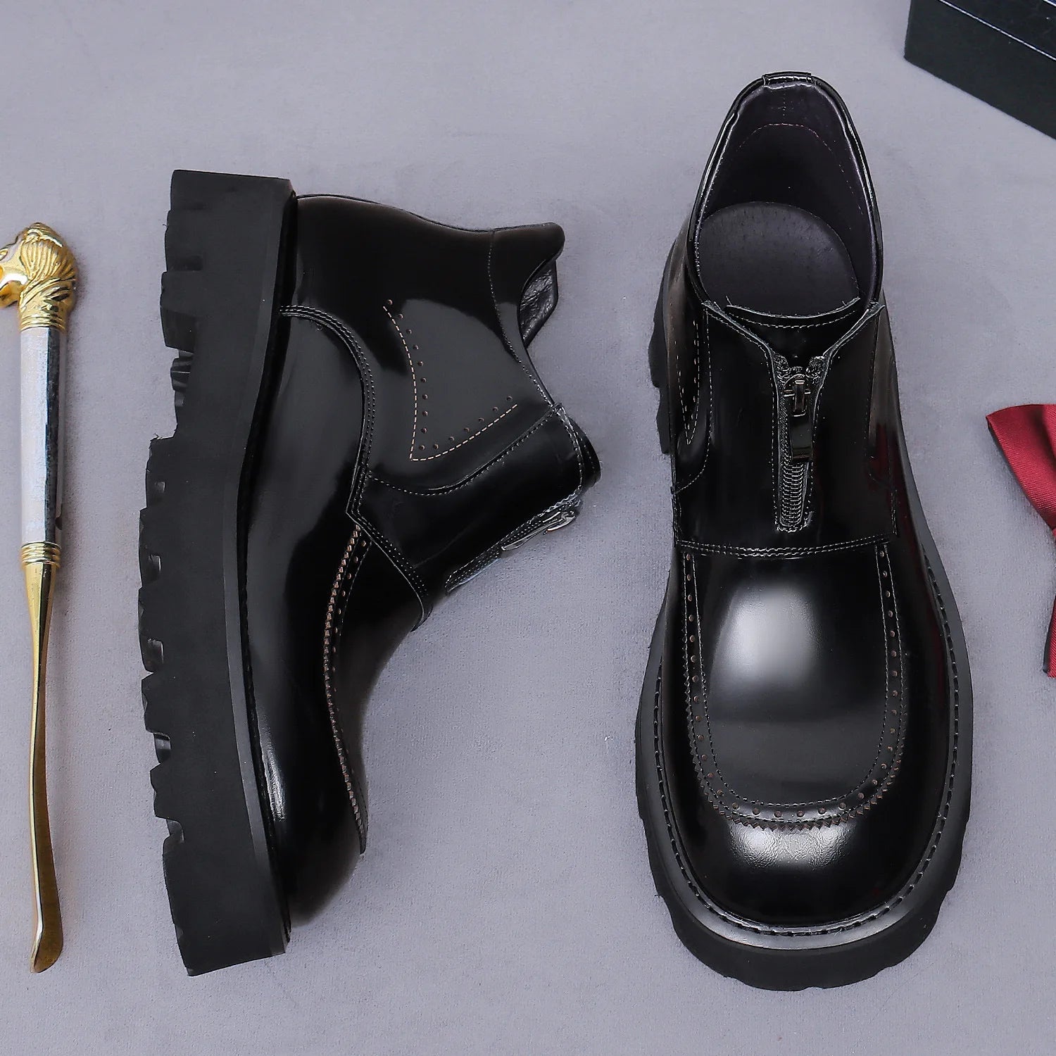 Thick Sole Zip-Up Brogue Ankle Boots