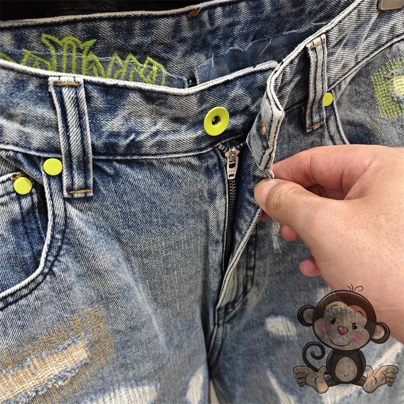 Fluorescent Green Letter Embroidery Jeans