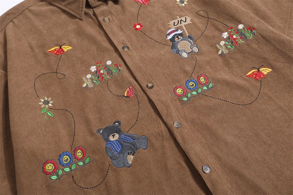 Little Bear Embroidery Corduroy Shirt