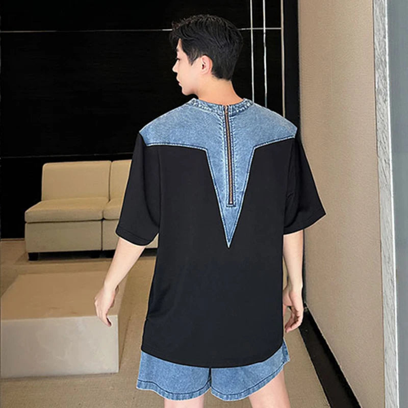 Denim Patchwork Round Collar T-Shirt