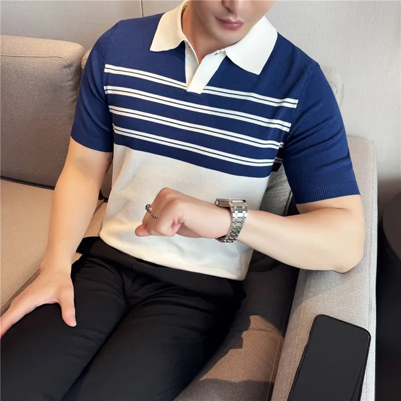 Spliced Knitted Striped Casual Polo Shirt