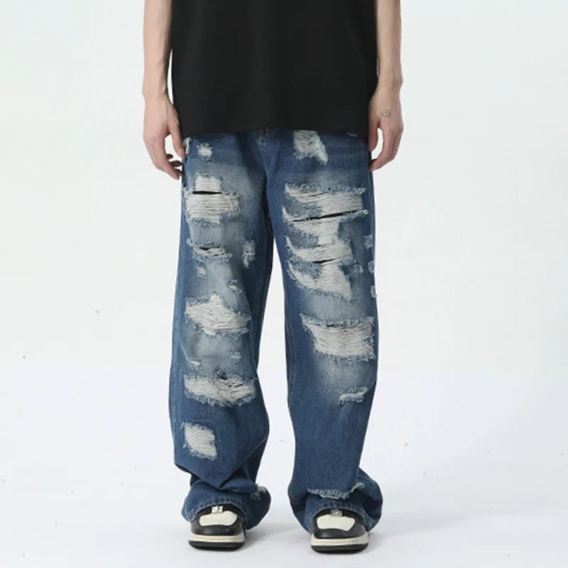 Blue Denim Ripped Loose Decor Jeans