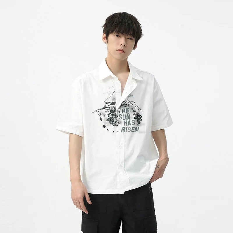 Japanese Style Print Design Lapel Shirt