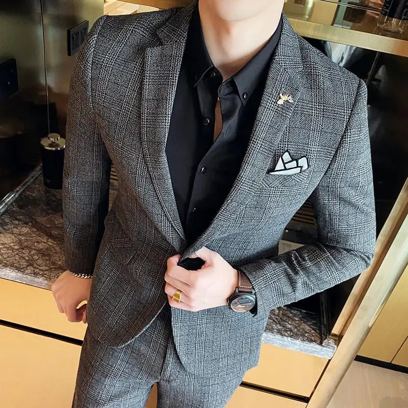 Plaid Pattern Single Breasted Polyester Suit