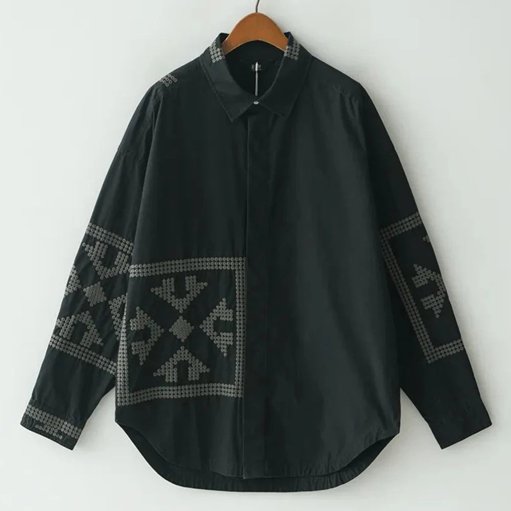 Black Geometric Embroidery Casual Shirt