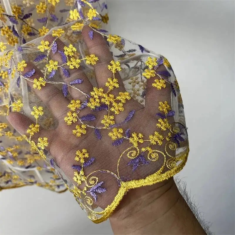 Yellow Purple Floral Embroidered Sheer Blazer