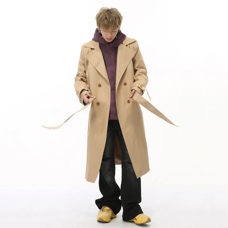 Belt Double-Breasted Solid Lapel Coat