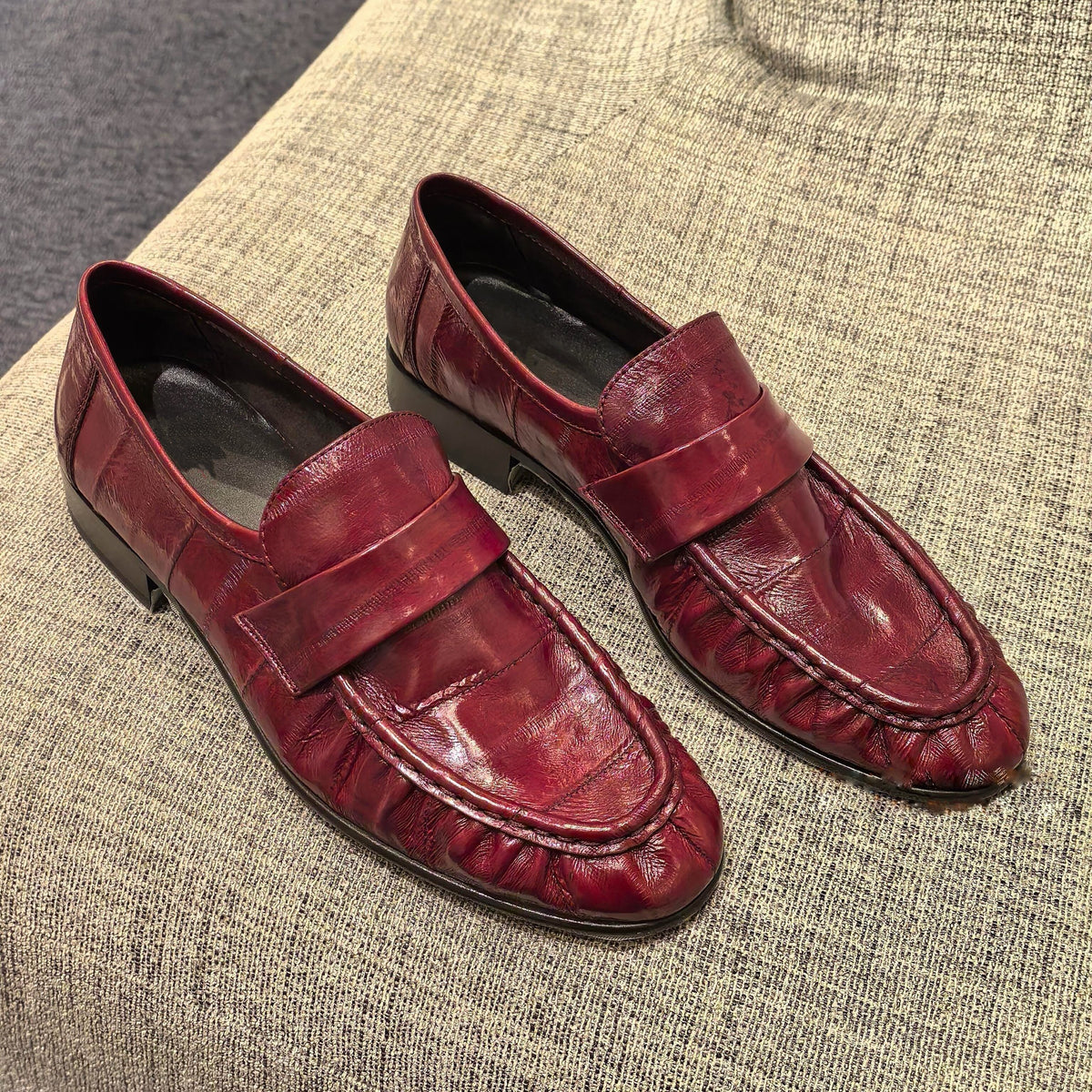Burgundy Red Ruched Leather Loafers