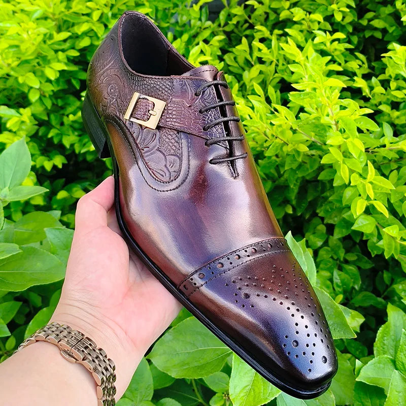 Brown Floral Engraving Genuine Leather Shoes