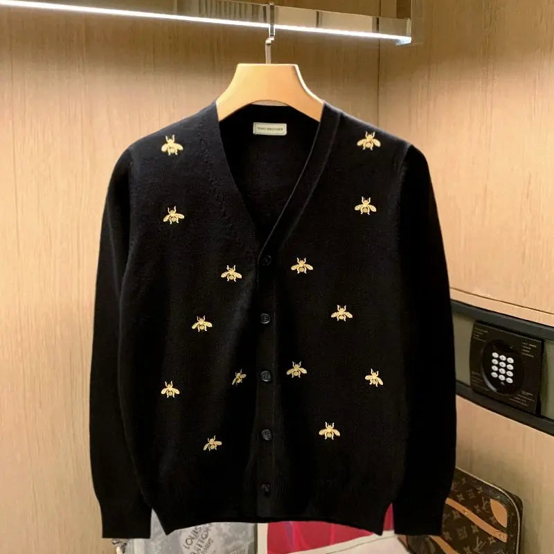 Embroidered Golden Bees V-Neck Cardigan