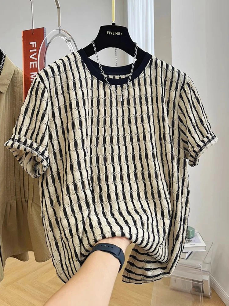 Streetwear Striped Textured Loose T-Shirt