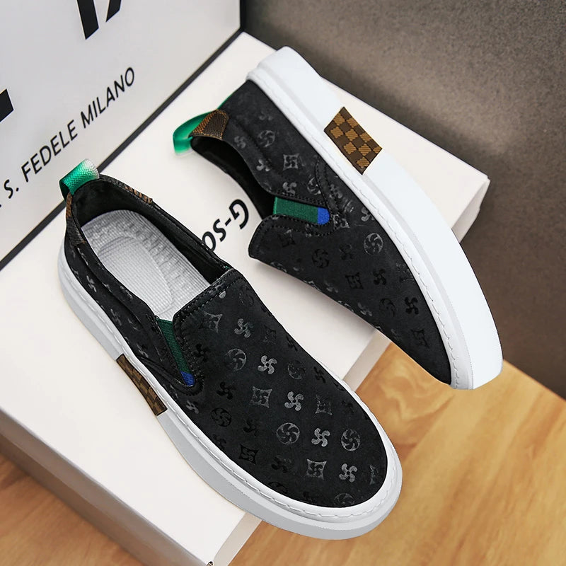 Black Geometric Pattern Slip-On Sneakers