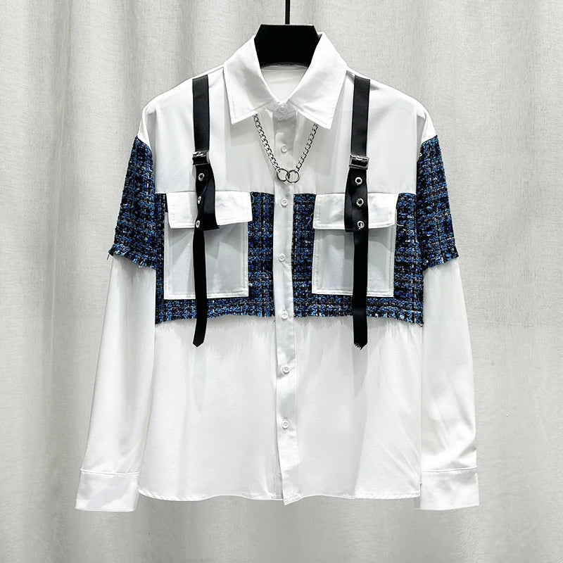 Belt Patchwork Splicing Woven Shirt