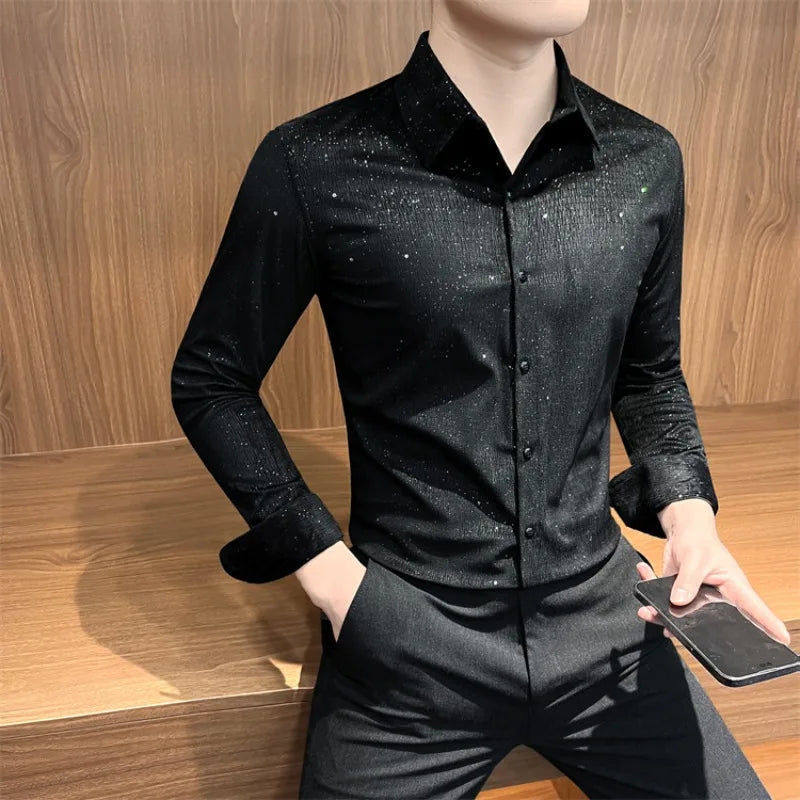 Solid Rhinestone Decoration Dress Shirt