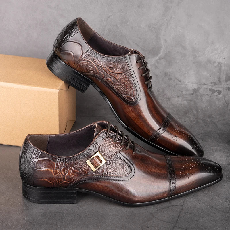 Brown Floral Engraving Genuine Leather Shoes