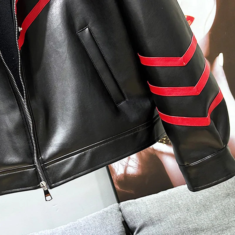 Motorcycle PU Leather Contrast Stripe Jacket