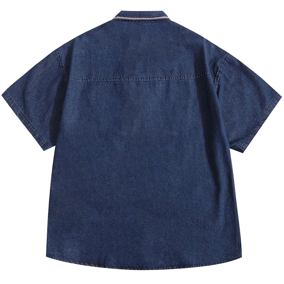 Blue Embroidery Short Sleeve Shirt