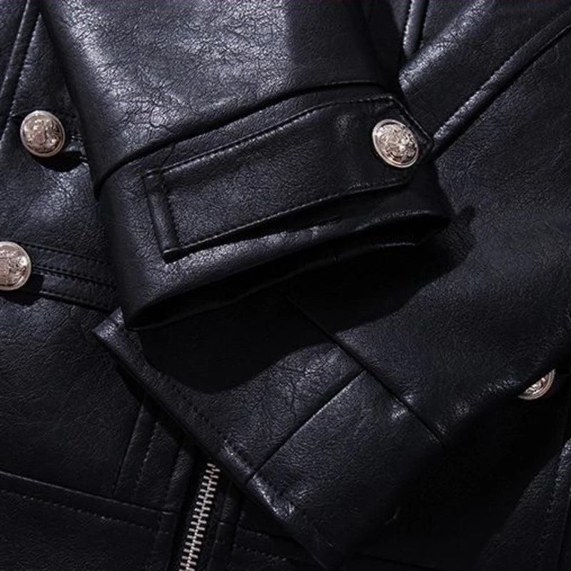 Retro Solid Black Metal Button Fitted Jacket
