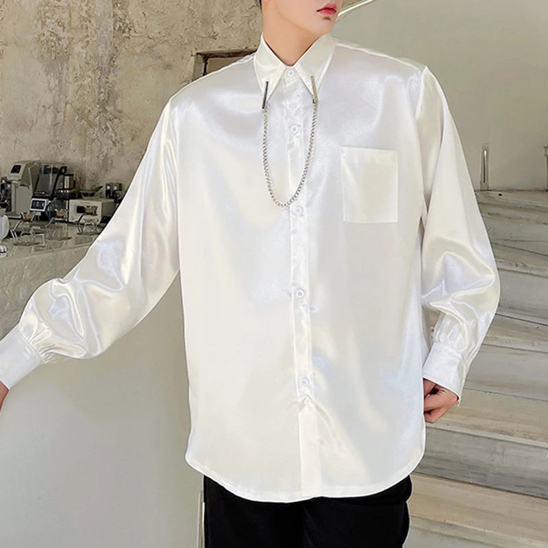 Solid Color Chain Decor On Collar Shirt