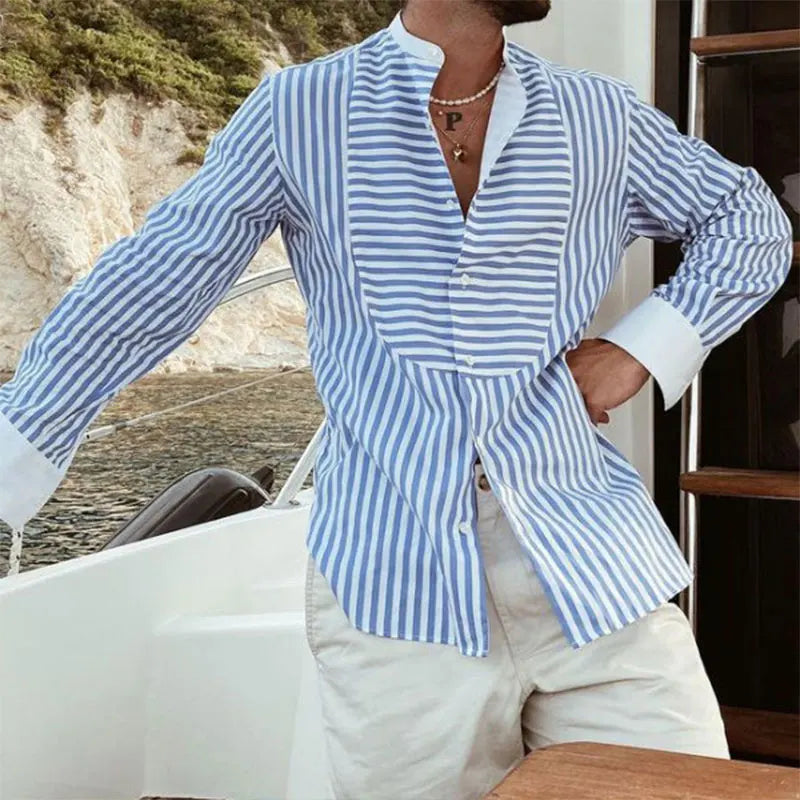 Patchwork Blue Striped Long Sleeve Shirt