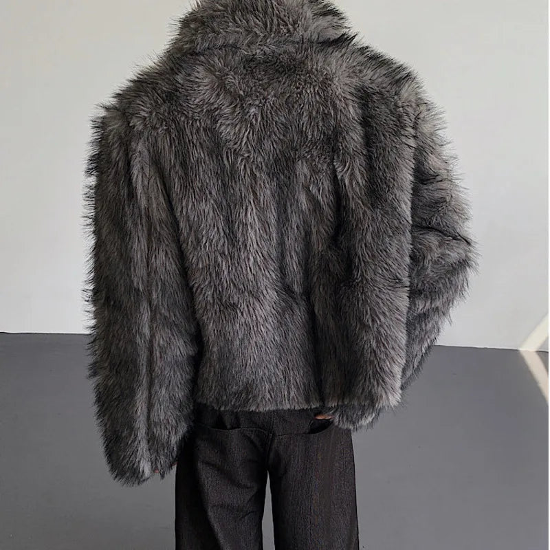 Grey Patchwork Design Faux Fur Jacket