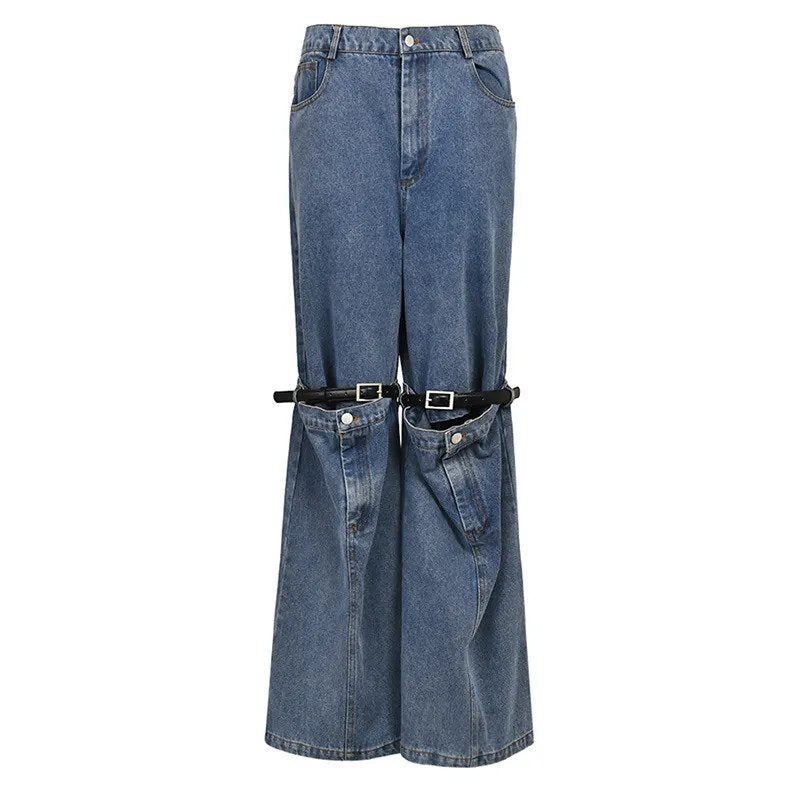 Waist Pockets Belt Wide Leg Jeans